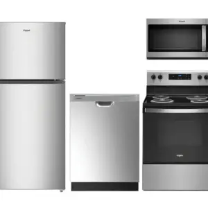 Stainless steel kitchen appliance set: a top-bottom freezer refrigerator, a dishwasher, a microwave, and a freestanding electric range.