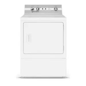 White front-loading clothes dryer with a top control panel and central door handle