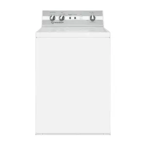 White top-loading washing machine with a gray control panel and three dials on the back panel includes a central display area and knobs for settings.