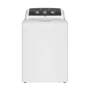 Top-loading washing machine with a dark control panel on top and white body. Controlled dials visible on the lid area.