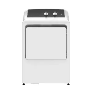 White front-loading washing machine with a dark control panel and two knobs on top.
