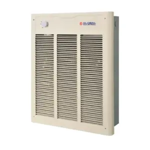 Beige Global Industrial air heater with three vented front panels and a top-left control knob
