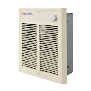 Beige Global Industrial wall heater with a front two-pane grille and a round control knob on the upper right.