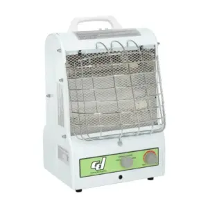 Portable space heater with a protective metal grille and two control knobs on a green front panel.