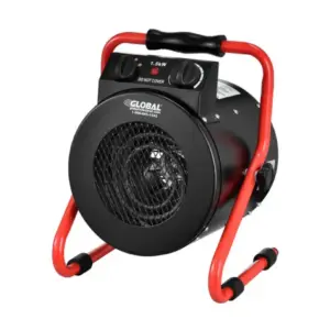 Portable electric space heater with a red frame and black body, circular front grille, 1500W rating, and carrying handle.