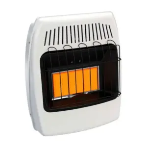 Wall-mounted electric heater with protective grill and orange heating element visible behind bars.