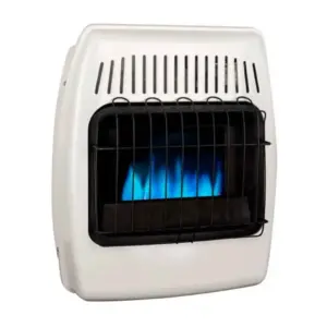 White portable gas space heater with a protective black grill and blue flame visible through the grate.